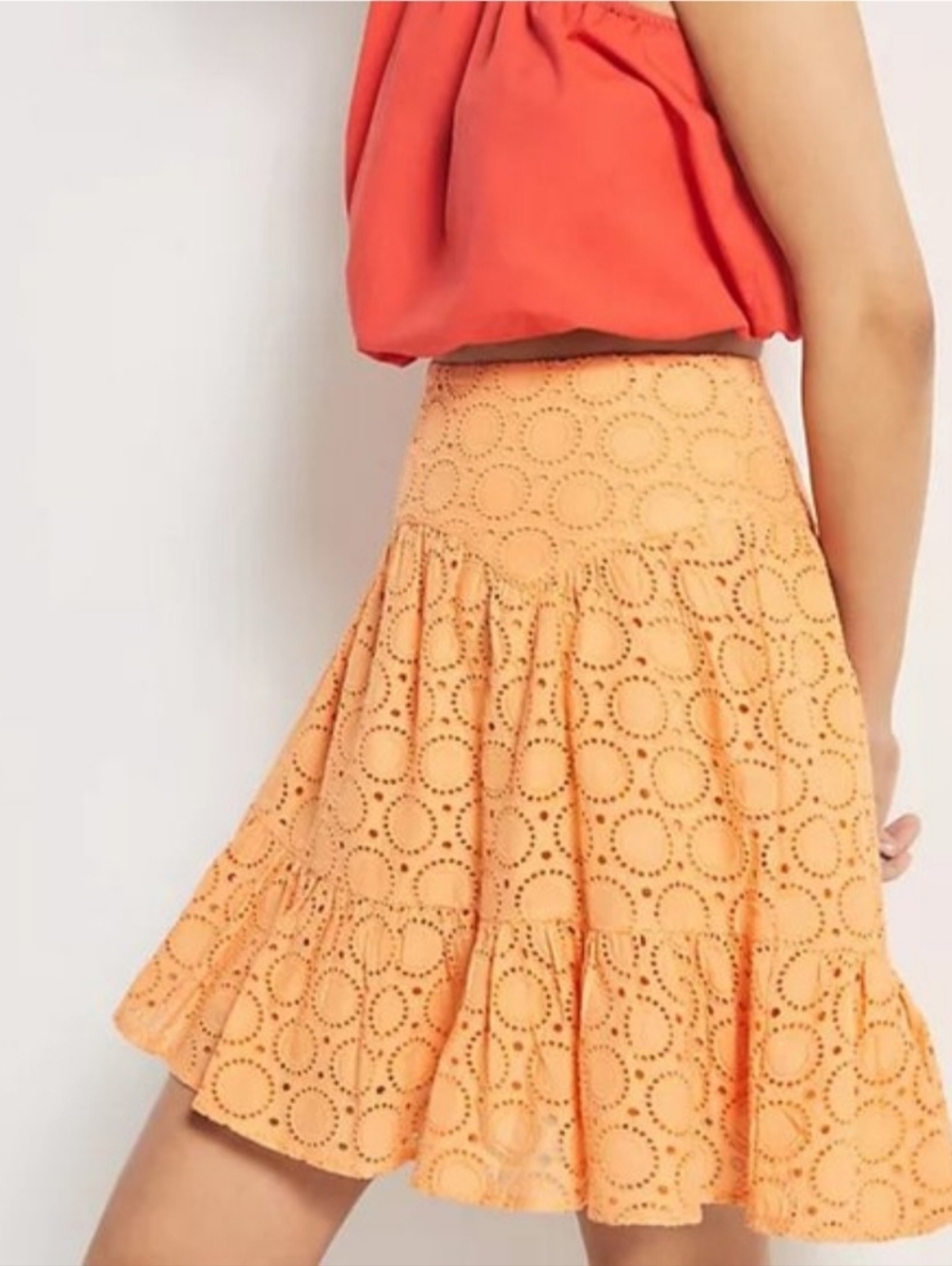 Maeve Eyelet Cotton Orange Tiered Mini Skirt Anthropologie XS